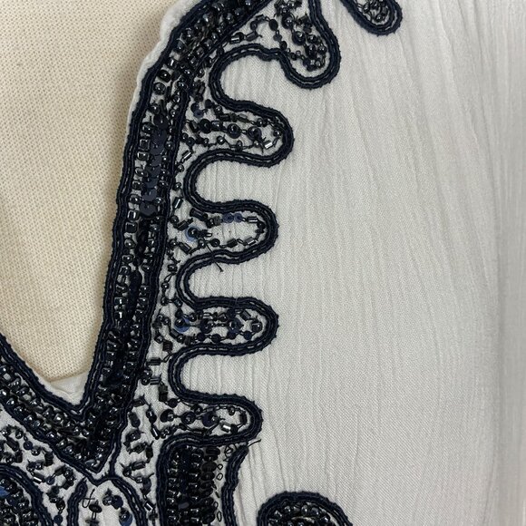 Chicos White Gauze 3/4 Sleeve V-Neck Lined Navy Beaded Embellished Tunic 16/18 - Picture 5 of 14